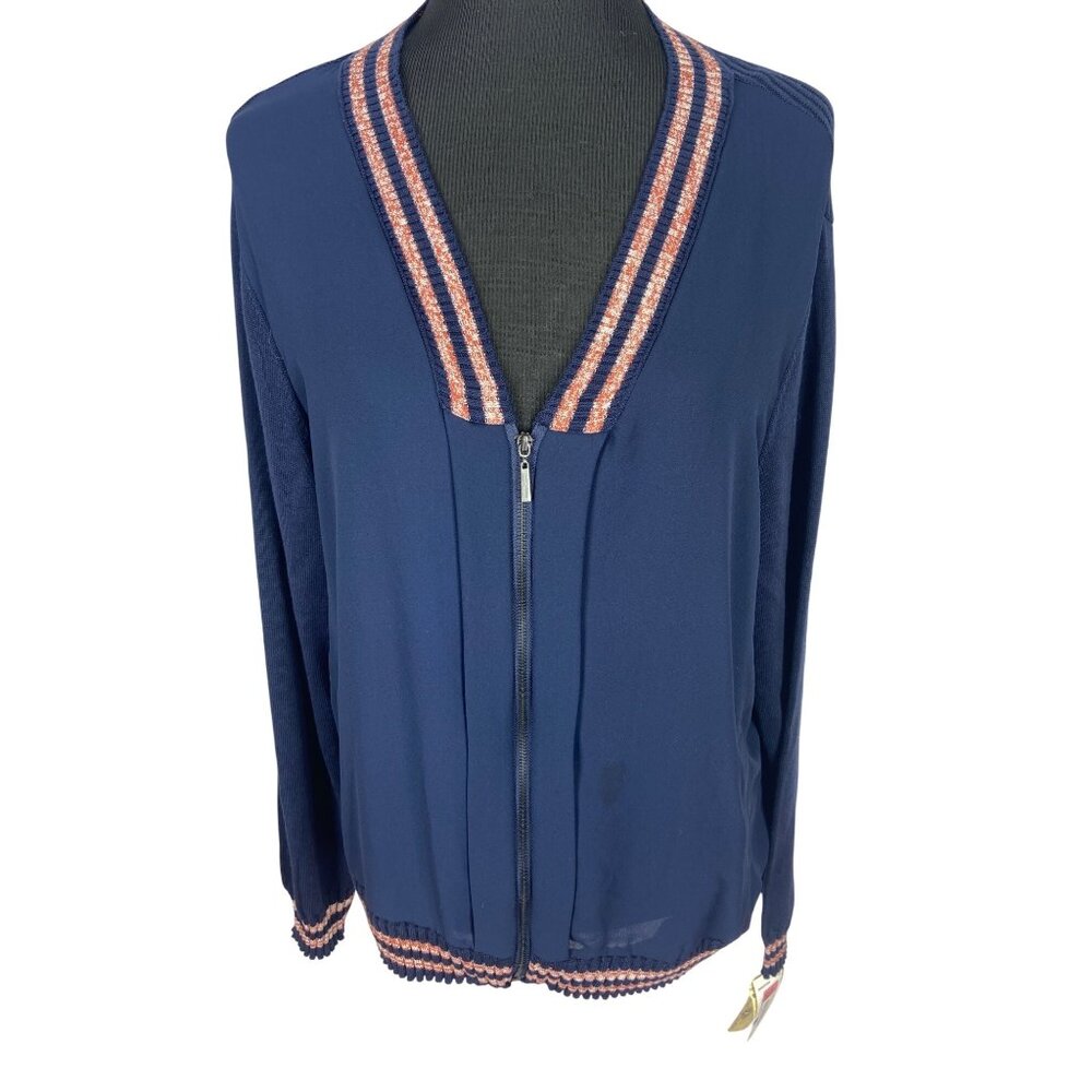 Democracy Knit Navy Blue NWT Size‎ XL Orange Trim Zippered Jacket Knit Sleeves